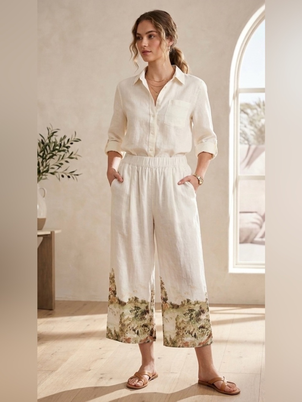 Tahari 100% Linen Wide Leg Landscape Print Pants - Ivory / Green - Size
